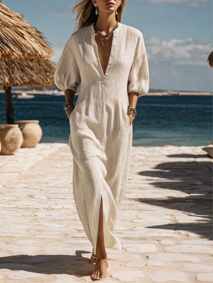 Women's Ribbed Button-Down Midi Dress - Ribbed Fabric - Three-Quarter Sleeve - Pockets