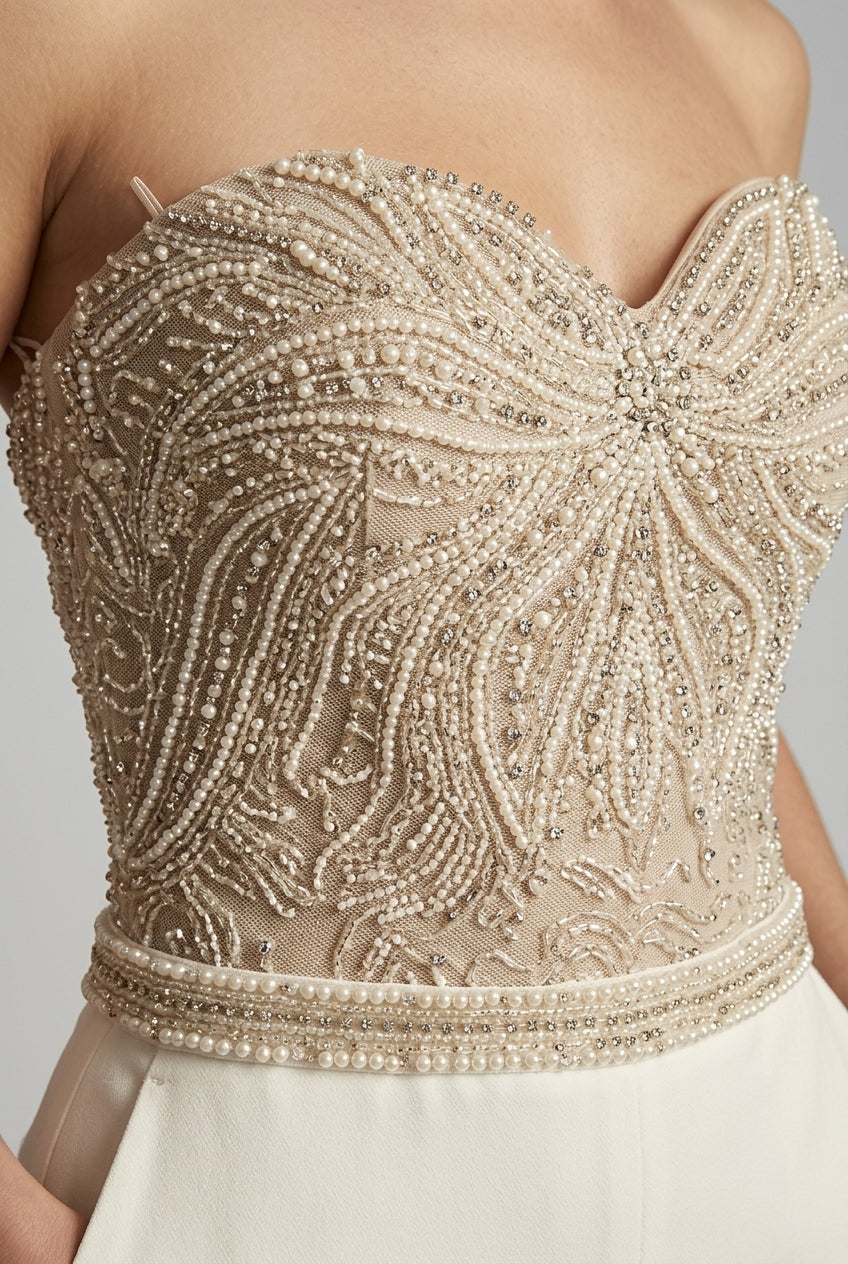 Women's Sequin Jumpsuit - Evening - Strapless - Sweetheart Neckline - Wide-Leg