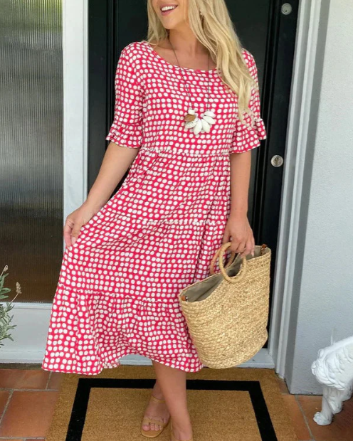 Women's Short-Sleeve Midi Dress - Relaxed Fit - Round Neck - Flowing Silhouette