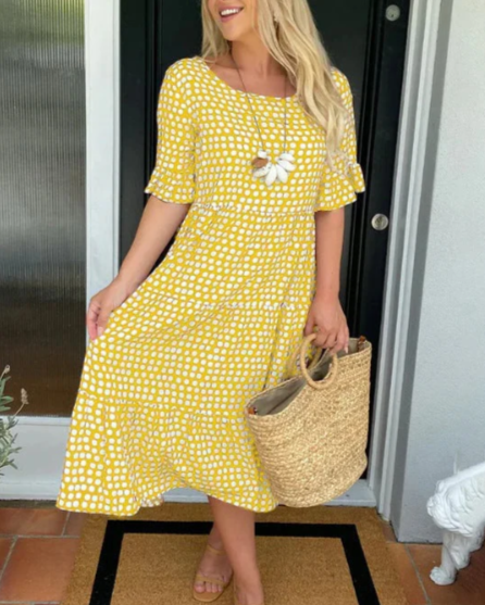 Women's Short-Sleeve Midi Dress - Relaxed Fit - Round Neck - Flowing Silhouette
