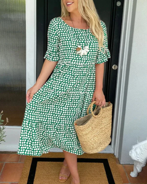 Women's Short-Sleeve Midi Dress - Relaxed Fit - Round Neck - Flowing Silhouette