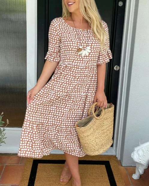 Women's Short-Sleeve Midi Dress - Relaxed Fit - Round Neck - Flowing Silhouette