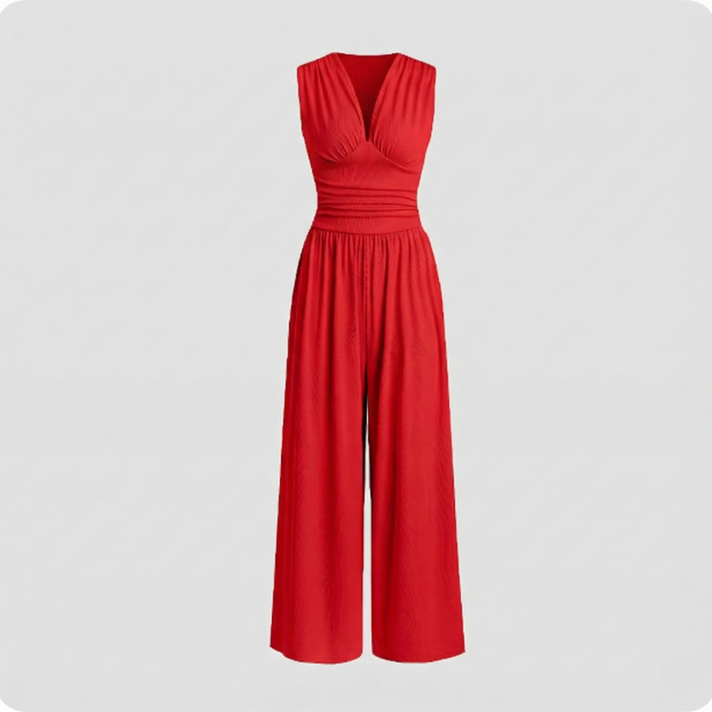 Women's Sleeveless Jumpsuit - Flattering Silhouette Comfortable Fit - V-Neck - Ruched - Wide Leg