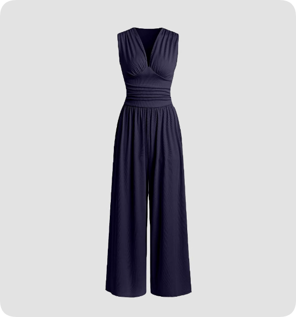 Women's Sleeveless Jumpsuit - Flattering Silhouette Comfortable Fit - V-Neck - Ruched - Wide Leg