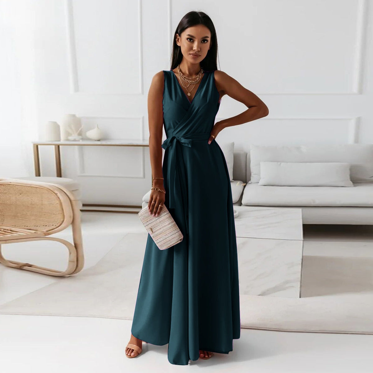 Women's Sleeveless Wrap Maxi Dress - Polyester - V-Neck - Special Occasions