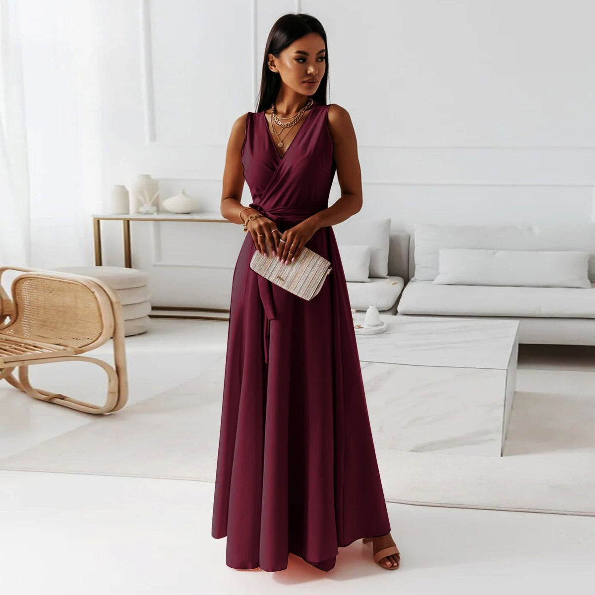 Women's Sleeveless Wrap Maxi Dress - Polyester - V-Neck - Special Occasions