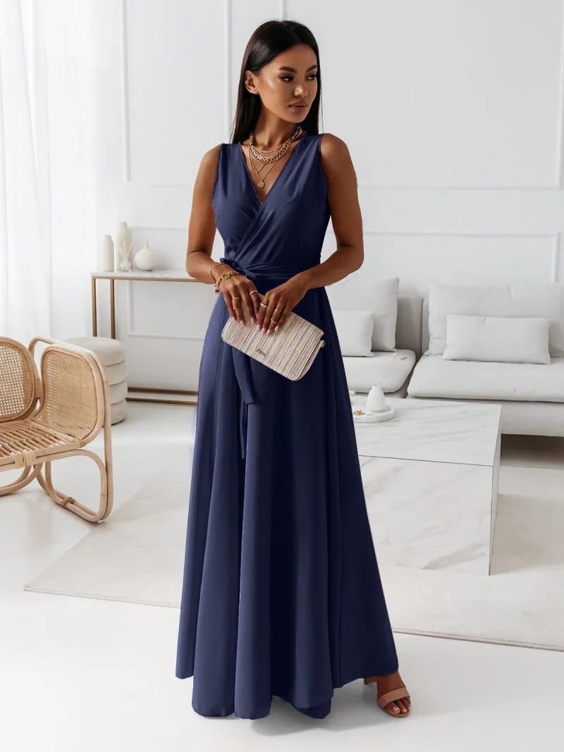 Women's Sleeveless Wrap Maxi Dress - Polyester - V-Neck - Special Occasions