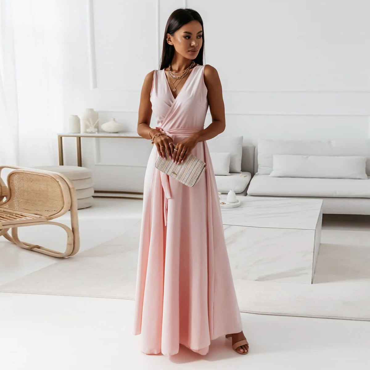 Women's Sleeveless Wrap Maxi Dress - Polyester - V-Neck - Special Occasions