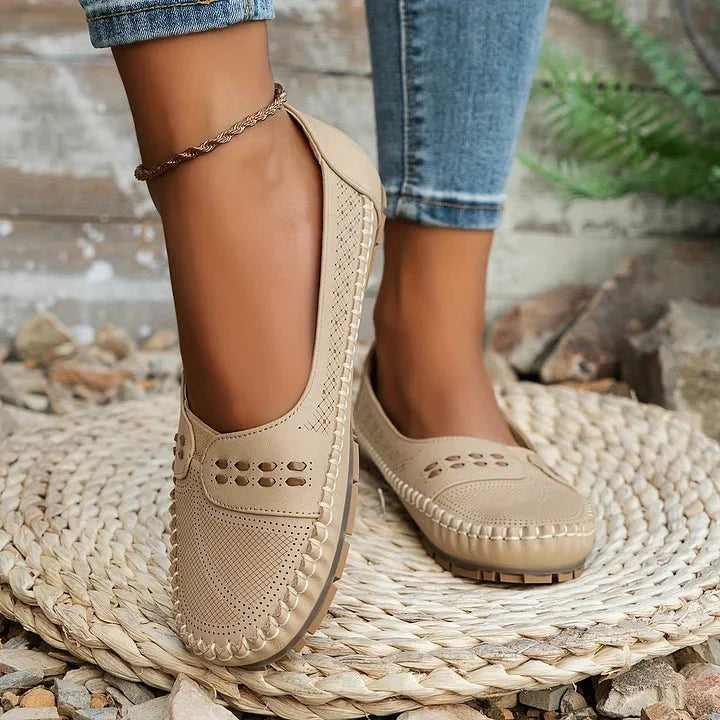Women's Slip-On Flats - Perforated - PU - Loafer - Water-Resistant