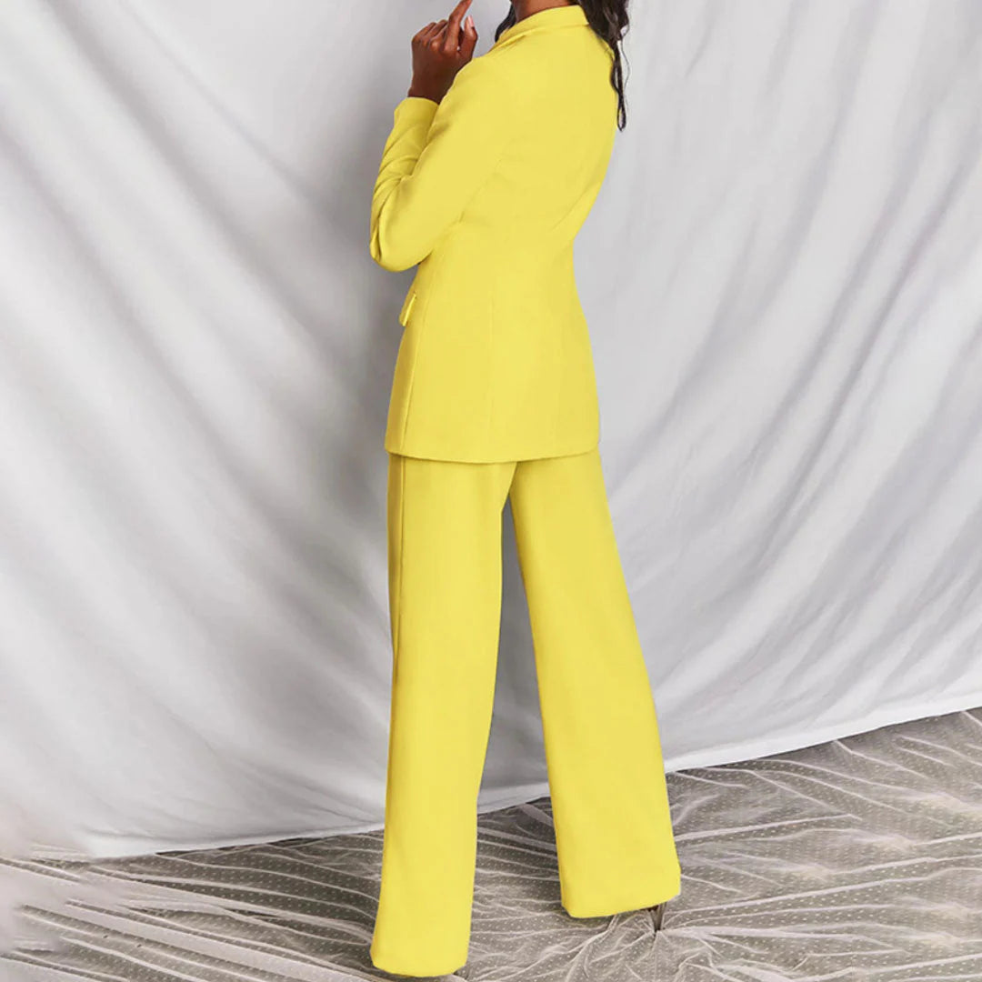 Women's Suit - Longline Blazer With Tailored Wide-Leg Trousers - Single-Button - Flap Pockets - V-Neck