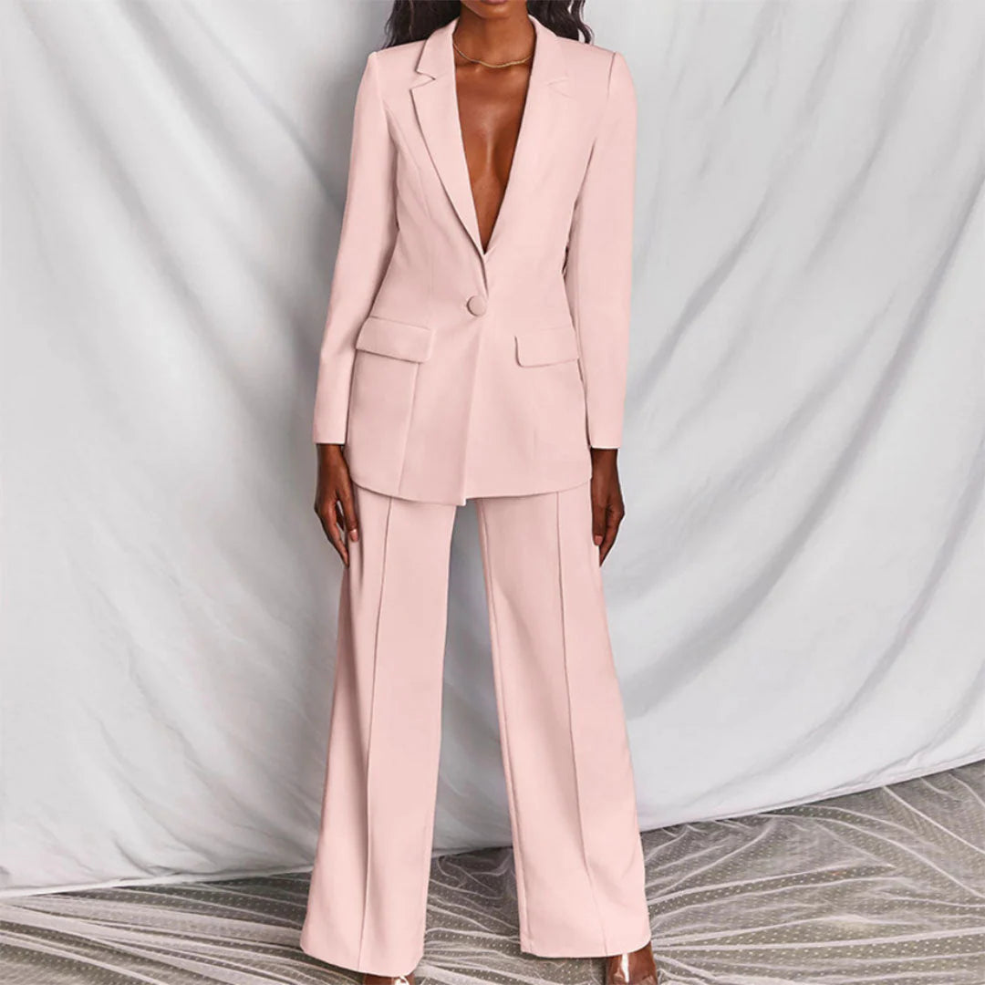 Women's Suit - Longline Blazer With Tailored Wide-Leg Trousers - Single-Button - Flap Pockets - V-Neck