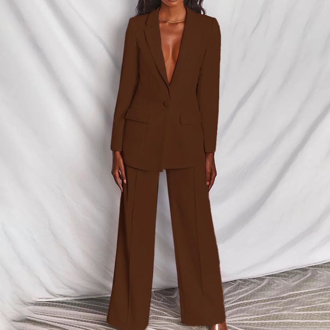Women's Suit - Longline Blazer With Tailored Wide-Leg Trousers - Single-Button - Flap Pockets - V-Neck