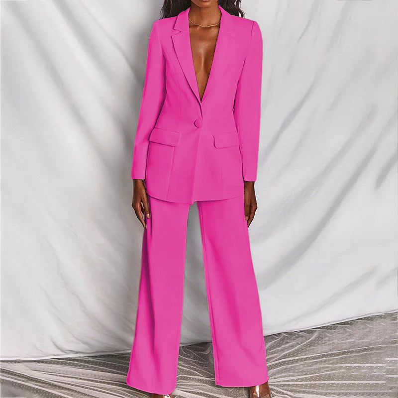 Women's Suit - Longline Blazer With Tailored Wide-Leg Trousers - Single-Button - Flap Pockets - V-Neck