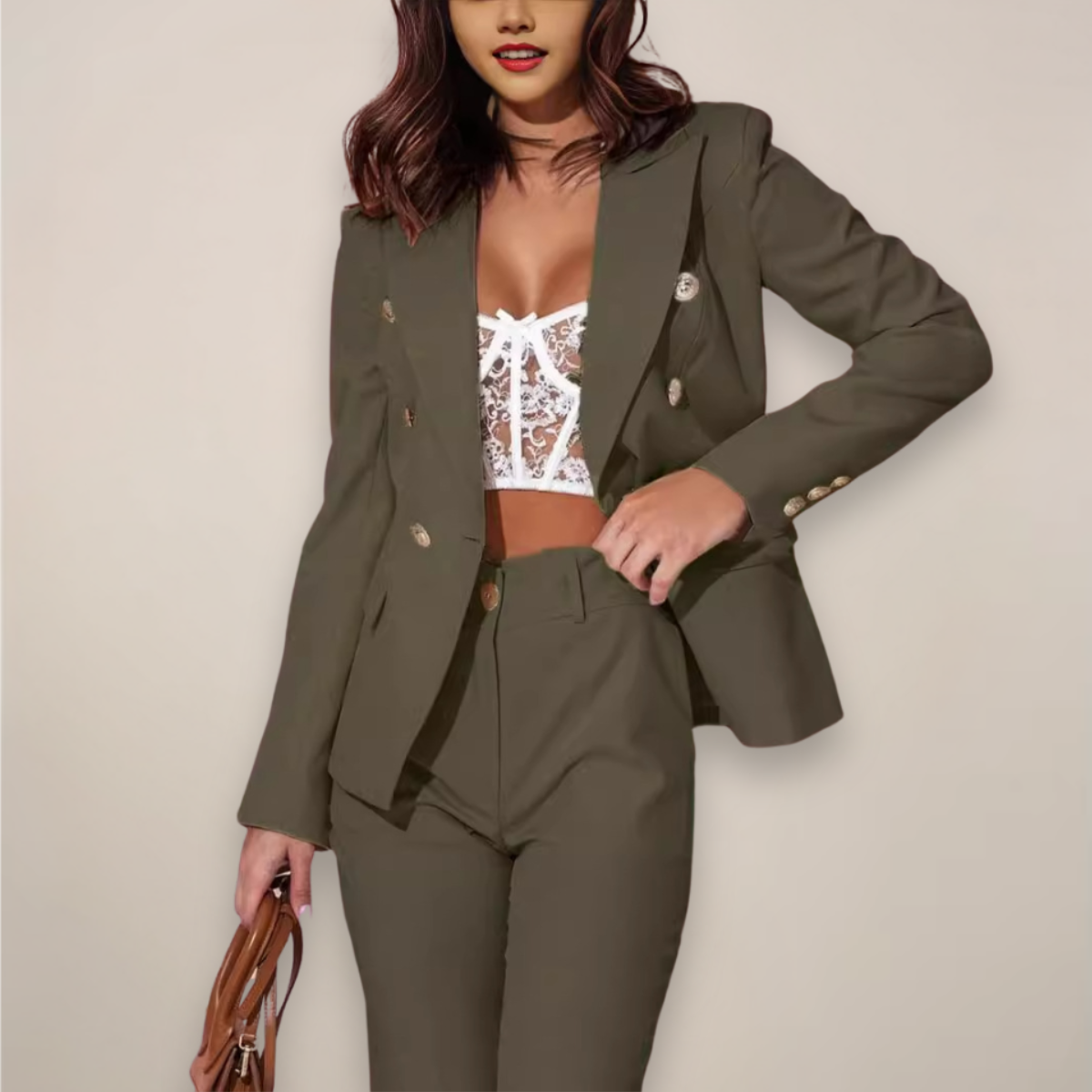 Women's Suit - Two-Piece Fitted Blazer and Tailored Trousers Set - Double-Breasted - Machine Washable