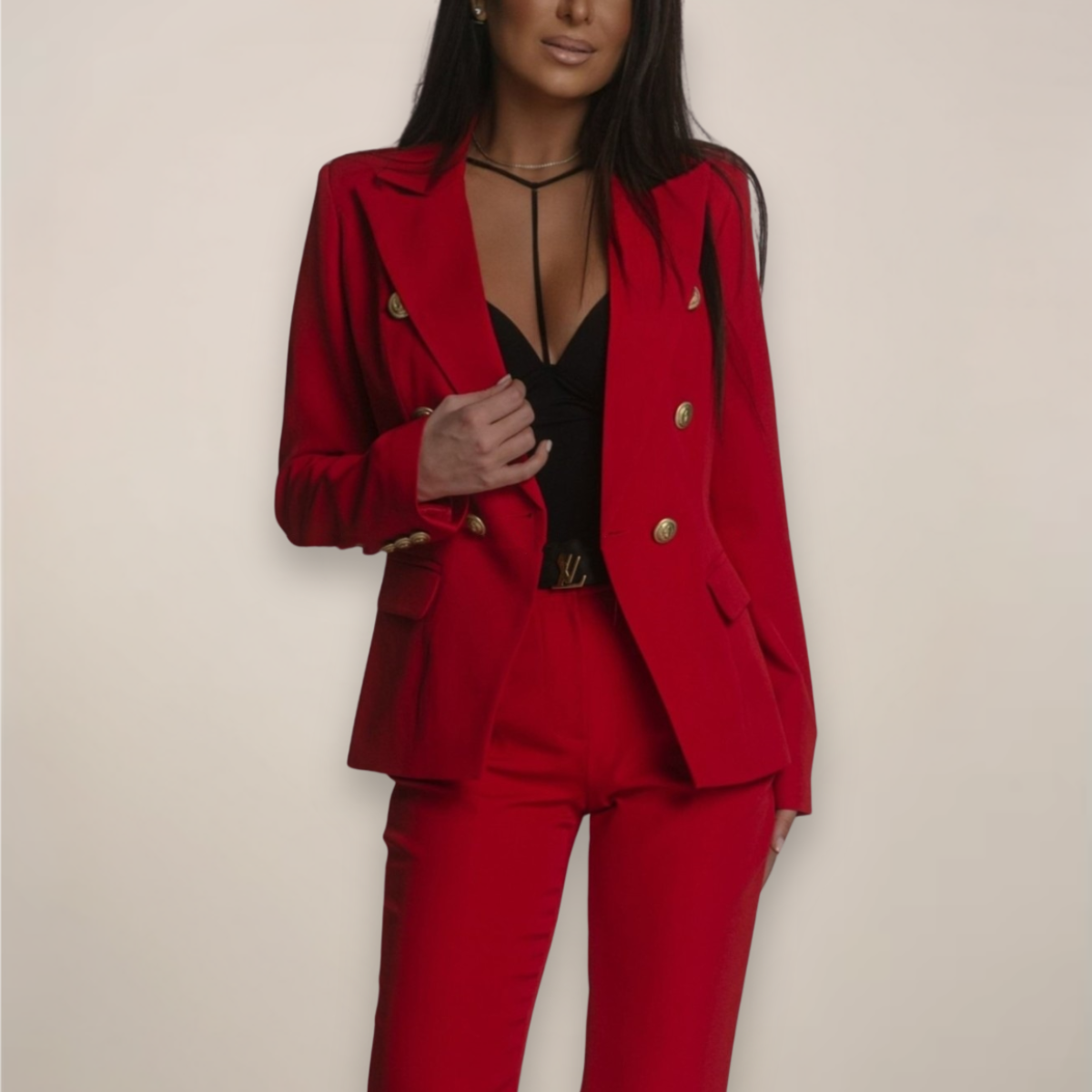 Women's Suit - Two-Piece Fitted Blazer and Tailored Trousers Set - Double-Breasted - Machine Washable