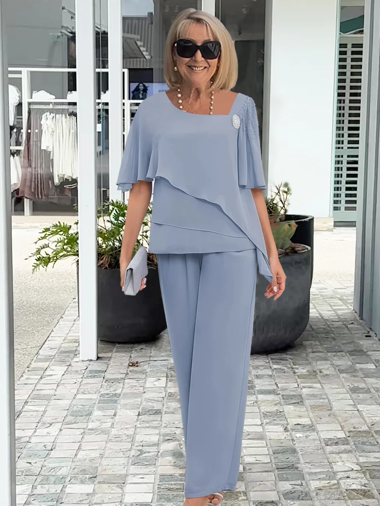 Women's Two-Piece Overlay with Layered Top - Polyester - Layered Overlay - Straight-Leg