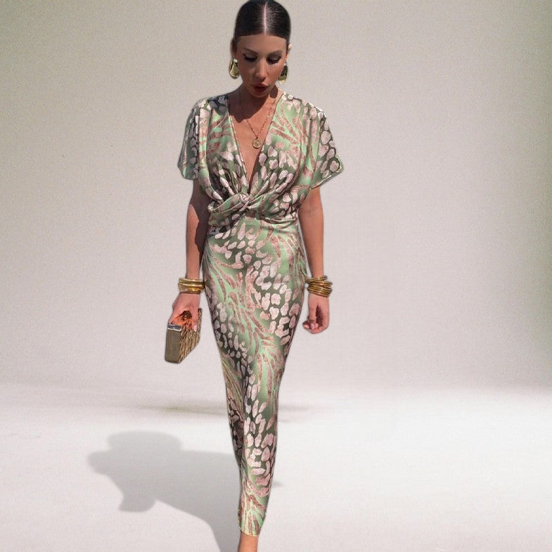 Women's Wrap Maxi Dress - Evening Style - Flowy Fit - Twisted V-Neck - Short Sleeve