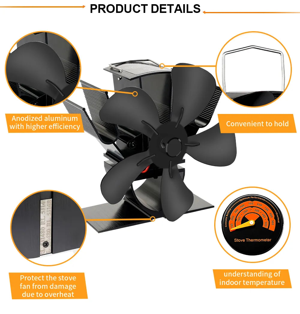 Wood Burner Stove Fan | Self-Powered 4-Blade Design | Silent Heat Distribution Across the Room, No Electricity Required
