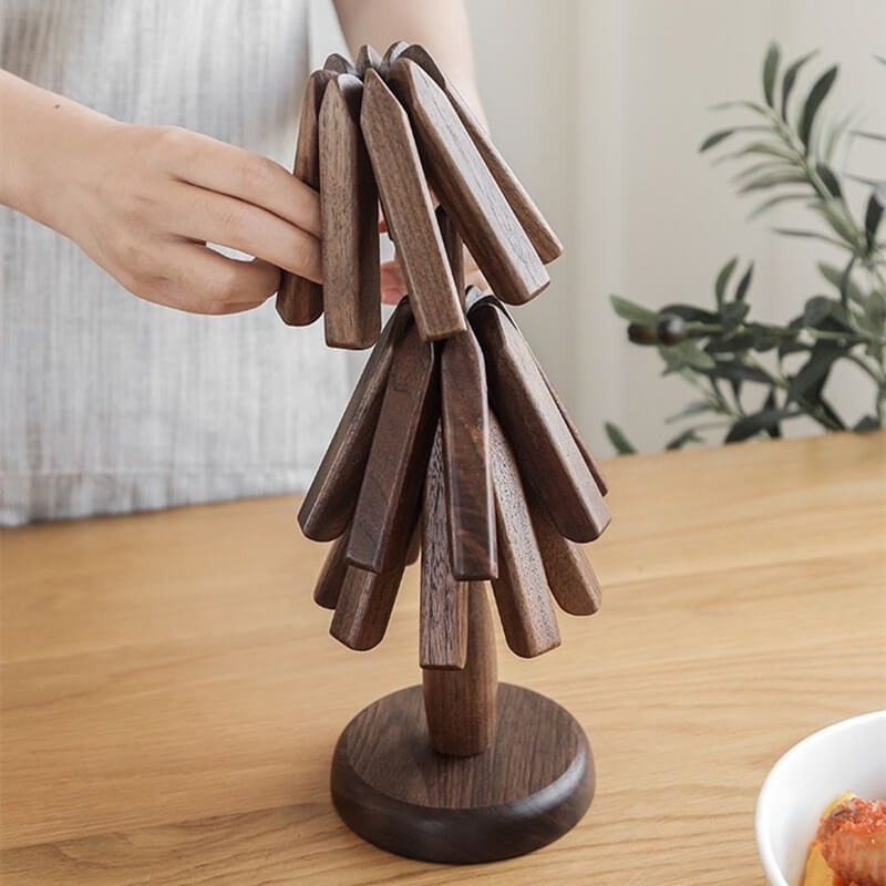 Wood Tree Design Trivet | Walnut Folding Coaster