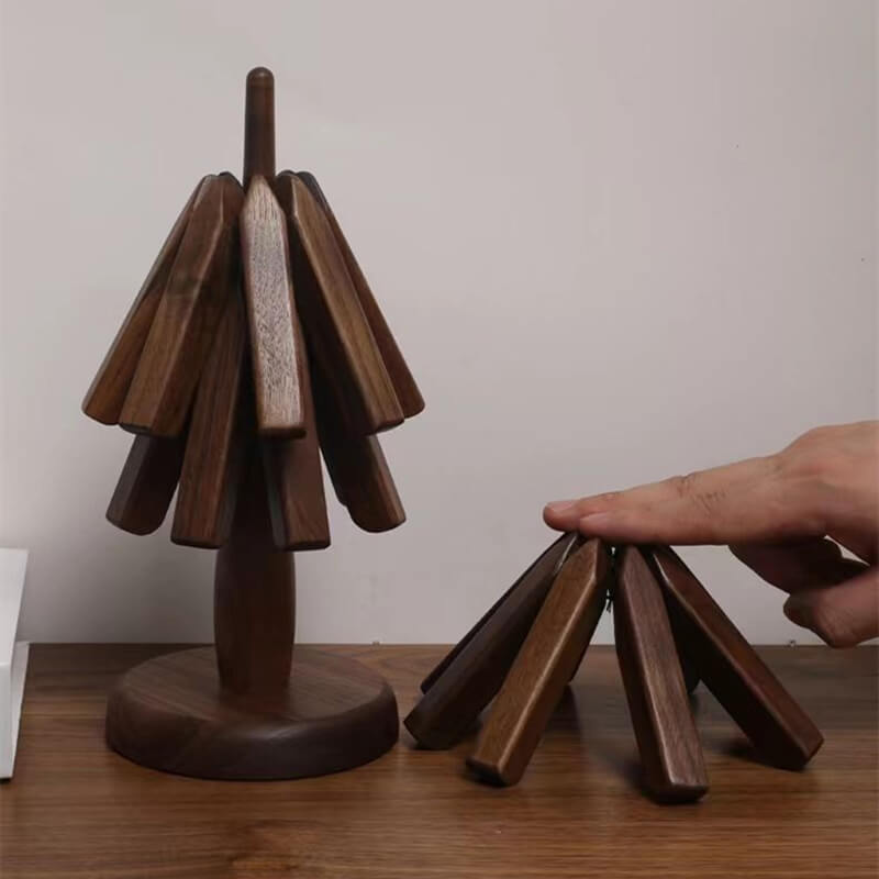 Wood Tree Design Trivet | Walnut Folding Coaster