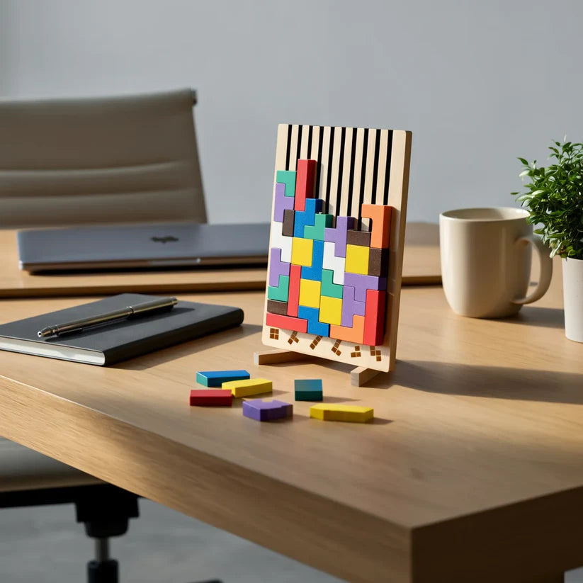 Wooden Block Puzzle | 40+ Tetris-Shape Pieces with 10 Pattern Cards | Upright Desk Stand for Quick Focus Breaks
