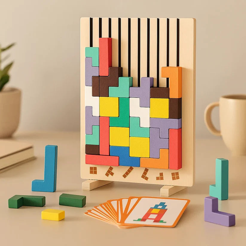 Wooden Block Puzzle | 40+ Tetris-Shape Pieces with 10 Pattern Cards | Upright Desk Stand for Quick Focus Breaks