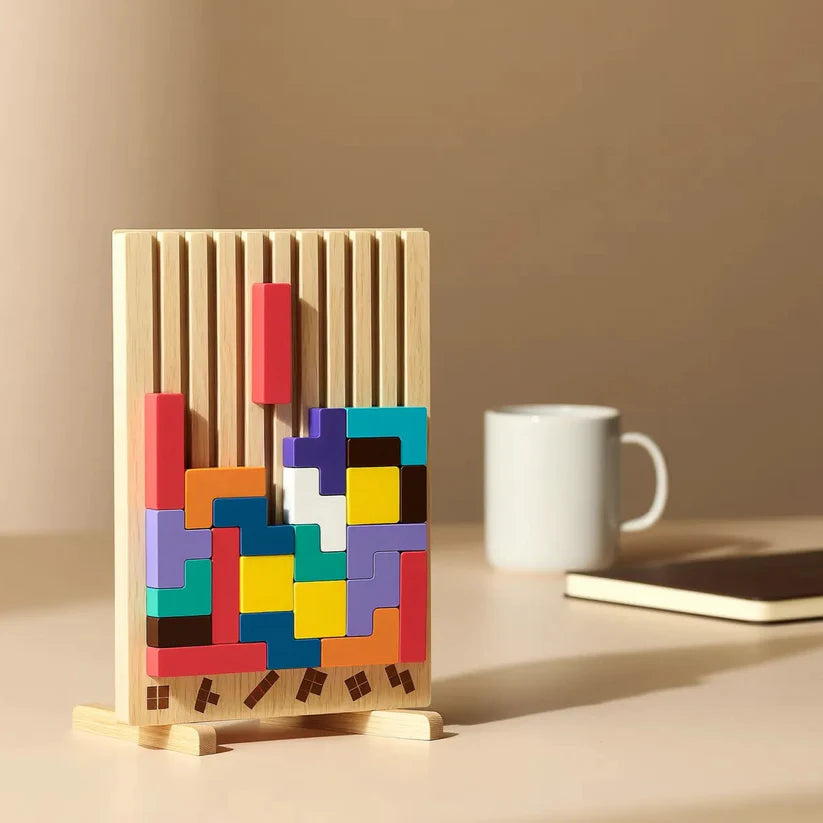 Wooden Block Puzzle | 40+ Tetris-Shape Pieces with 10 Pattern Cards | Upright Desk Stand for Quick Focus Breaks