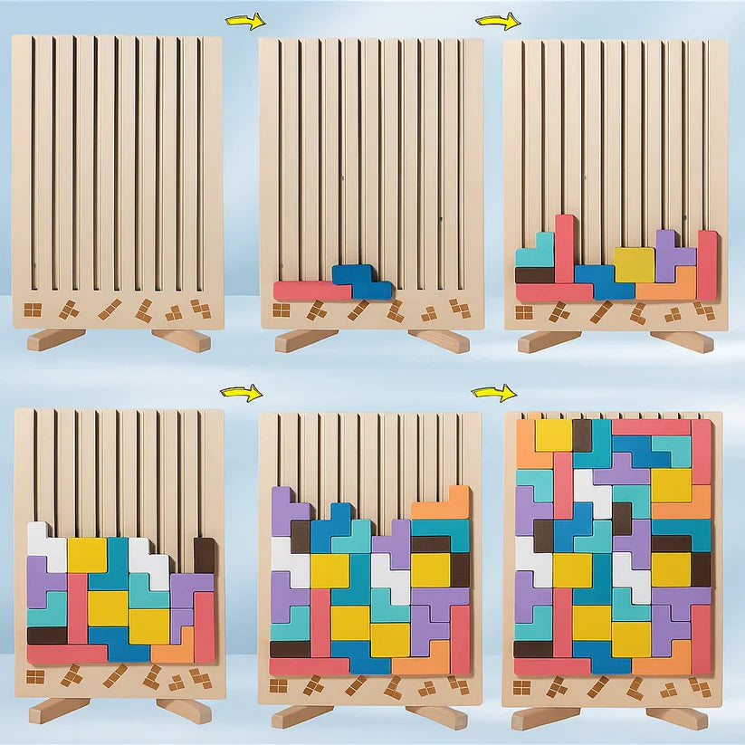 Wooden Block Puzzle | 40+ Tetris-Shape Pieces with 10 Pattern Cards | Upright Desk Stand for Quick Focus Breaks
