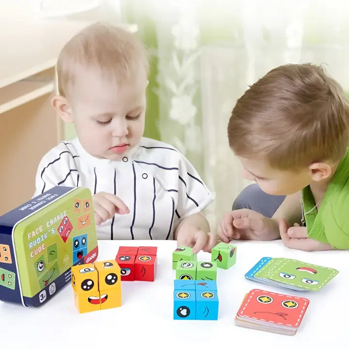 Wooden Building Blocks Emoji Non-Toxic Stackable with Water-Based Paint