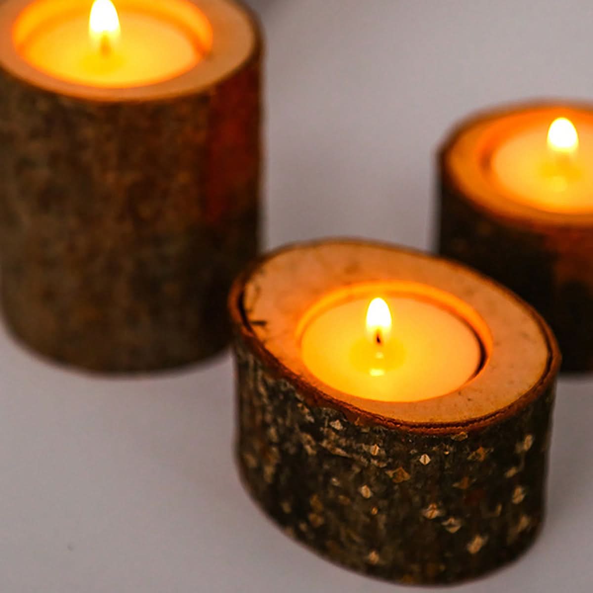 Wooden Candle Holders Decorative Rustic Tea Light with Glass Inserts