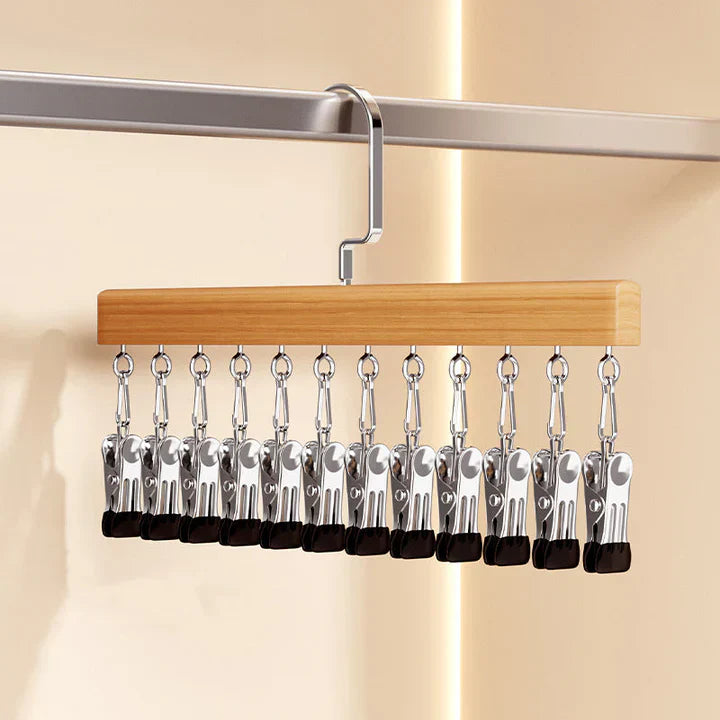 Wooden Hanger with Stainless Steel Clips | ClipNest Closet Organizer