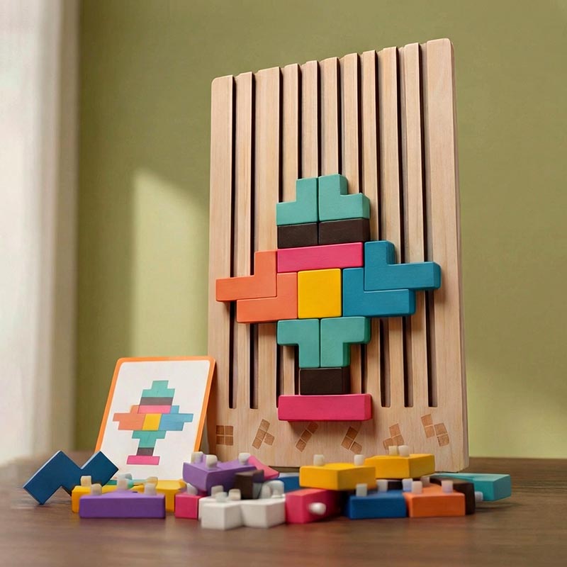 Wooden Shape Stacking Puzzle Set | 42 Pieces & 10 Double-Sided Challenge Cards | Builds Focus and Problem-Solving Skills