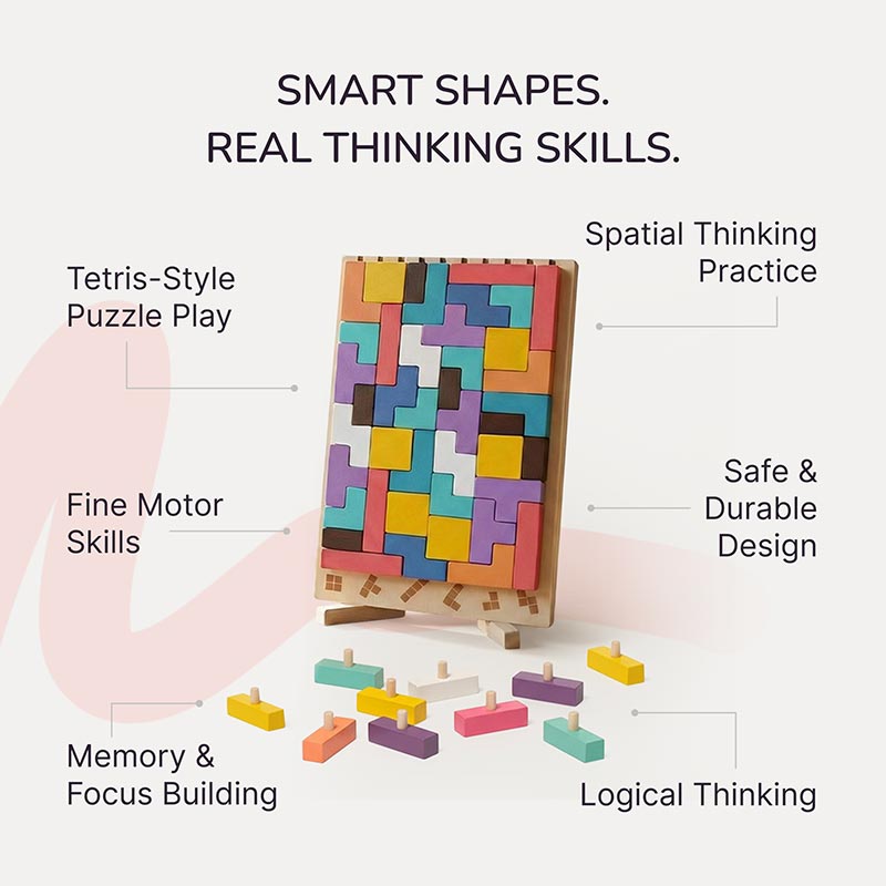 Wooden Shape Stacking Puzzle Set | 42 Pieces & 10 Double-Sided Challenge Cards | Builds Focus and Problem-Solving Skills