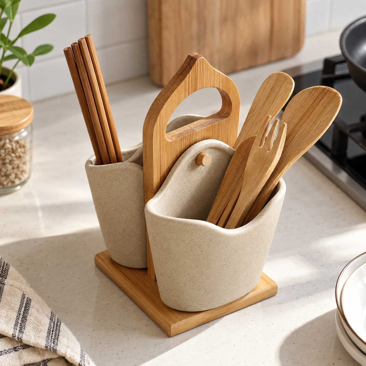 Ceramic Silverware Container Set 2 Pieces | Japanese-Inspired Minimalist Style | Upright Countertop Utensil Storage 4