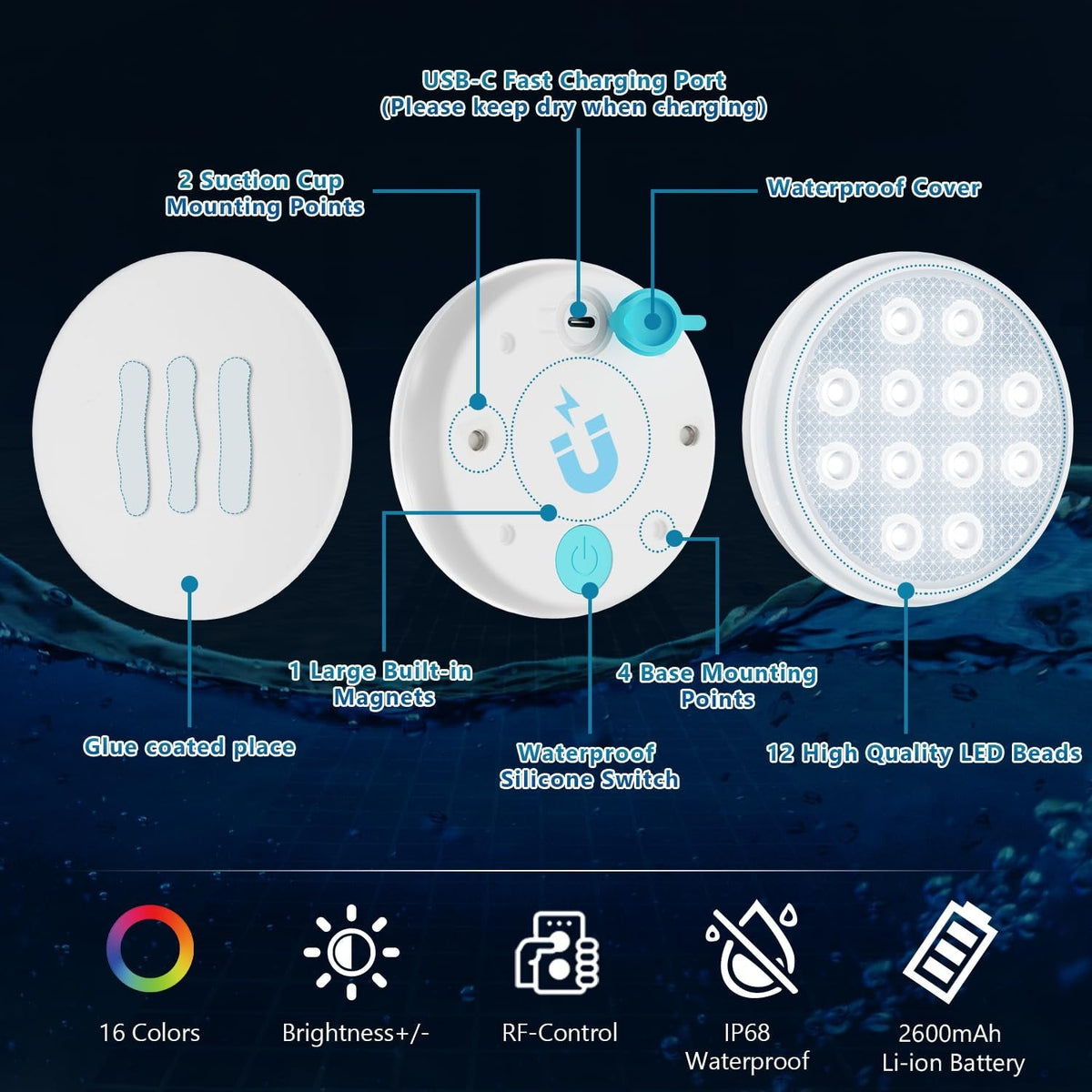 Submersible LED Lights Rechargeable Waterproof IP68 with Remote Control 3