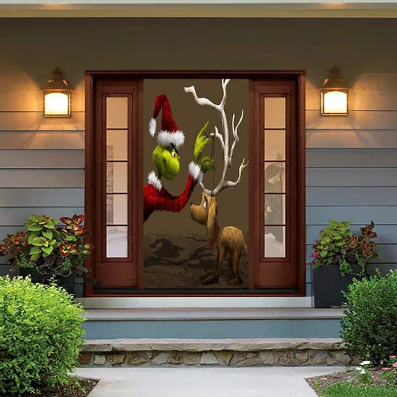 Christmas Door Cover Washable Reusable Lightweight Fabric with Quick Install 61