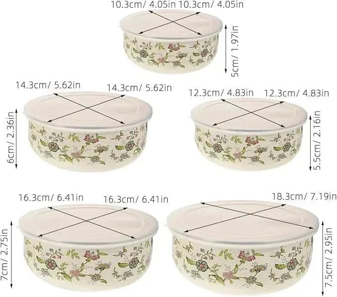 Storage Bowls Enamel Mixing Nestable Floral Deep with Lids Included 15