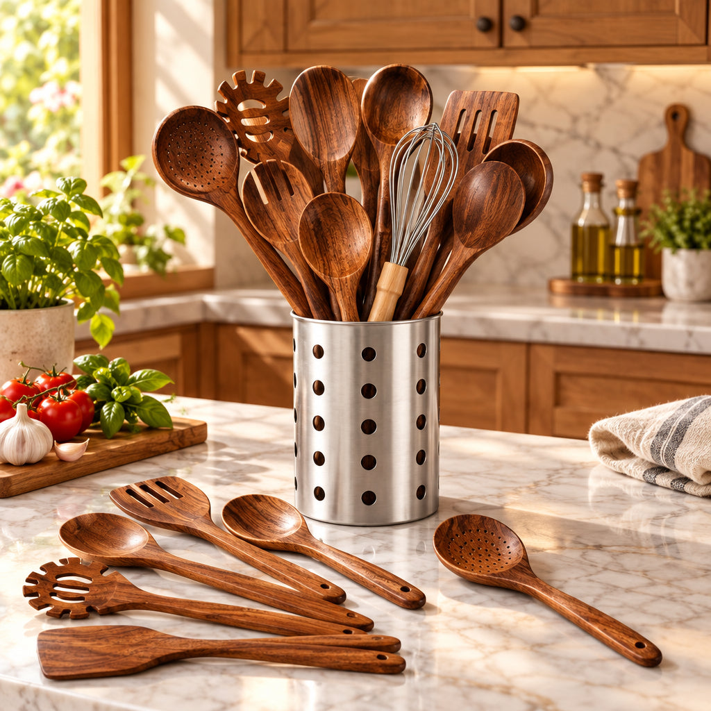 Kitchen Utensil Set Teak Heat-Resistant Ergonomic with Hanging Holes 1